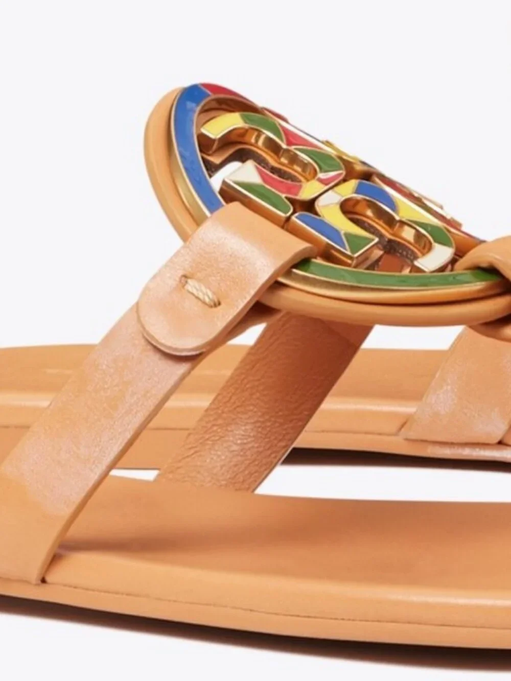 Tory Burch $298 Enamel Miller Soft Sandal Multi Natural Vachetta Tan 7.5 9 Slide